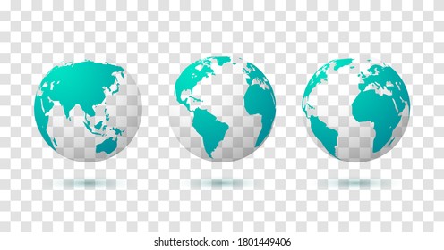 Globe earth world vector map. 3d blue transparent digital planet round globe icon set