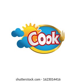 globe Eat logo. Cafe or restaurant emblem. Plate with fork, spoon and fried eggs in the yellow background.