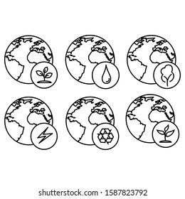 Globe with eco labels. Save planet. Design elements for web, banners, poster, ui. Vector icons set isolated on white background.