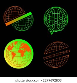 Globe elements for posters and streetwear fashion design vector set, gradient globe on black background