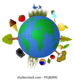 Globe with elements of summer food. vector