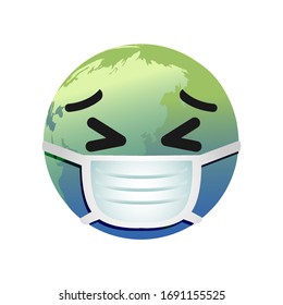 Globe emoticon with surgical mask for social media chat reaction. World disease illustration. Vector graphic.
