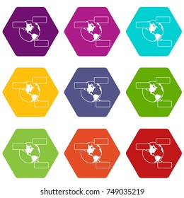 Globe and empty speech bubbles icon set many color hexahedron isolated on white vector illustration