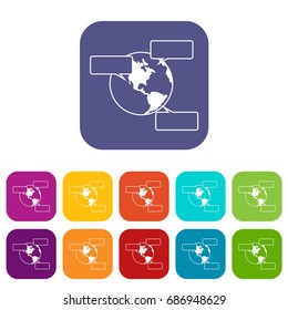 Globe and empty speech bubbles icons set vector illustration in flat style in colors red, blue, green, and other