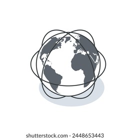 A globe encircled by lines on a white backdrop, an artful gesture