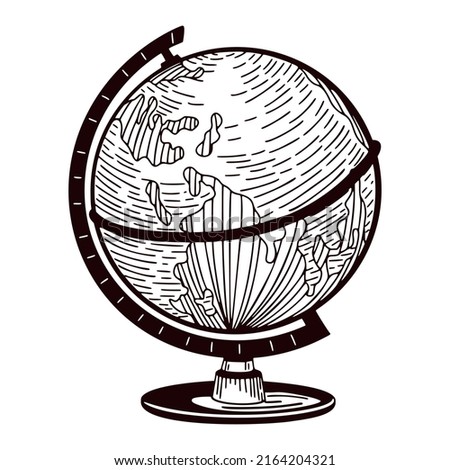 The globe engraved isolated on white background. Vintage world map in hand drawn style. Sketch old atlas earth. Vector design for poster, print, book illustration.