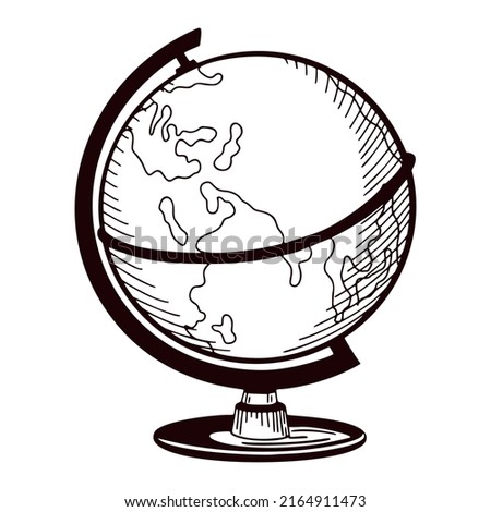 The globe engraved isolated on white background. Vintage world map in hand drawn style. Sketch old atlas earth. Vector design for poster, print, book illustration.