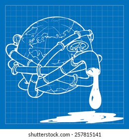 Globe entangled with oil pipelines. Illustration on the modern world vicious dependency on the fossil fuels. EPS10 vector illustration imitating blueprint style scribbling with white marker.