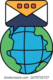 Un globo terráqueo con un sobre encima. El sobre está abierto y tiene un teléfono dentro. El globo está rodeado por un borde negro