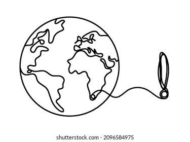 Globe with exclamation mark as line drawing on white background. Vector