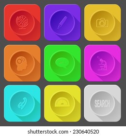 globe, felt pen, camera, human brain, chat symbol, lab microscope, french curve, protractor, search. Color set vector icons.