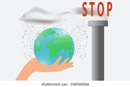 Globe in a female hand - Factory pipe, smog - vector. Control of the emission of dirty particles into the atmosphere by industrial enterprises. Environmental protection concept.