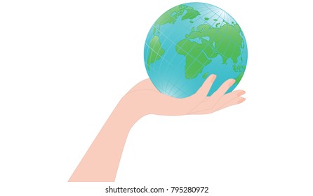 Globe in female hand - isolated on white background - vector illustration