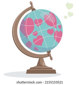 A globe filled with heart shaped continents.  Vector illustration in flat cartoon style on white background.