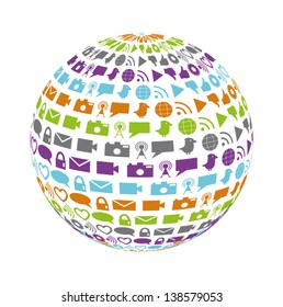 Globe filled with social networking and media icons in bright colors