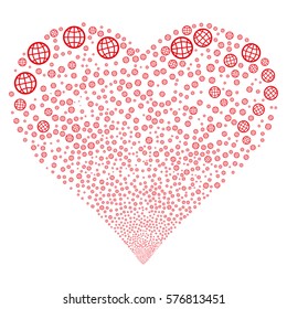 Globe fireworks with heart shape. Vector illustration style is flat red iconic symbols on a white background. Object stream combined from scattered design elements.