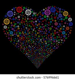 Globe fireworks with heart shape. Vector illustration style is flat bright multicolored iconic symbols on a black background. Object love heart constructed from confetti icons.