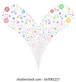 Globe fireworks stream. Vector illustration style is flat bright multicolored iconic symbols on a white background. Object double fountain made from random symbols.