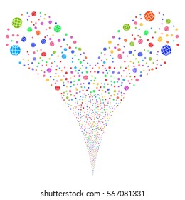 Globe fireworks stream. Vector illustration style is flat bright multicolored iconic symbols on a white background. Object double fountain organized from random icons.