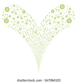 Globe fireworks stream. Vector illustration style is flat eco green iconic symbols on a white background. Object double fountain made from random design elements.