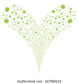 Globe fireworks stream. Vector illustration style is flat eco green iconic symbols on a white background. Object double fountain made from random pictograms.