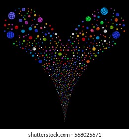 Globe fireworks stream. Vector illustration style is flat bright multicolored iconic symbols on a black background. Object double fountain combined from random pictographs.