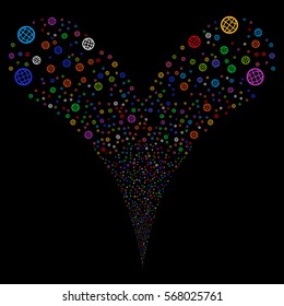 Globe fireworks stream. Vector illustration style is flat bright multicolored iconic symbols on a black background. Object double fountain constructed from random design elements.