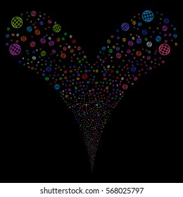 Globe fireworks stream. Vector illustration style is flat bright multicolored iconic symbols on a black background. Object double fountain created from random design elements.