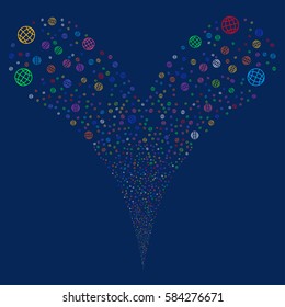 Globe fireworks stream. Vector illustration style is flat bright multicolored iconic symbols on a blue background. Object double fountain created from random pictograms.