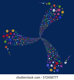 Globe fireworks swirl rotation. Vector illustration style is flat bright multicolored iconic symbols on a blue background. Object whirlpool created from random design elements.