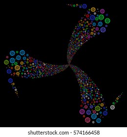Globe fireworks swirl rotation. Vector illustration style is flat bright multicolored iconic symbols on a black background. Object spiral created from random icons.