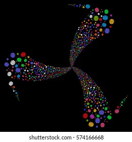 Globe fireworks swirl rotation. Vector illustration style is flat bright multicolored iconic symbols on a black background. Object twirl constructed from random icons.