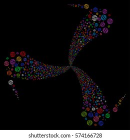 Globe fireworks swirl rotation. Vector illustration style is flat bright multicolored iconic symbols on a black background. Object whirlpool created from random pictograms.