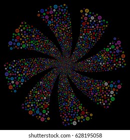 Globe fireworks swirl rotation. Vector illustration style is flat bright multicolored iconic symbols on a black background. Object flower organized from random pictographs.
