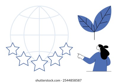 Globe with five stars and woman pointing at leaf. Ideal for global recognition sustainability eco-friendly initiatives environmental awareness nature conservation. Simplistic modern style