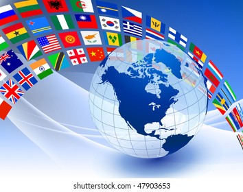 Globe with Flag Banner on Abstract Color Background Original Vector Illustration