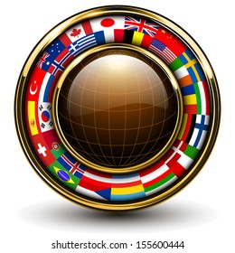 Globe With Flags Around, 3D Vector Illustration.