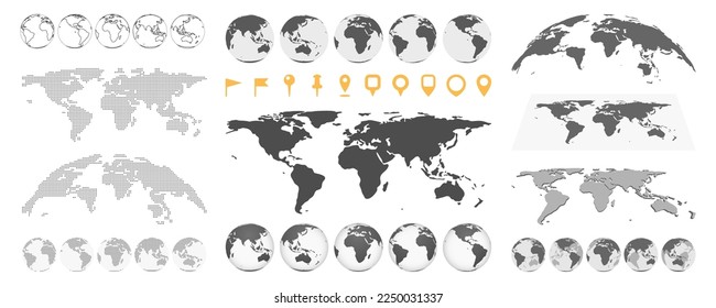 Globe and flags, Earth planet with pointers of geolocation and location. Isolated parts of maps, hemispheres in monochrome style. Vector in flat style