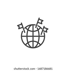 Globe with flags line icon. linear style sign for mobile concept and web design. Global business success outline vector icon. Symbol, logo illustration. Vector graphics