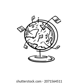 globe, flags sketch vector illustration on a transparent background