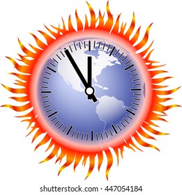 Globe in flames with a clock showing 5 to 12