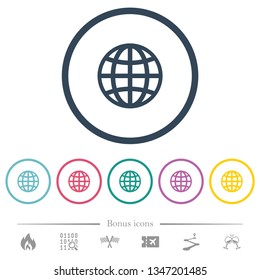 Globe flat color icons in round outlines. 6 bonus icons included.