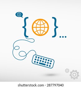 Globe and flat design elements. Design concept icons for application development, web design, creative process, social media, seo, web page coding and programming.