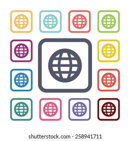 globe flat icons set. Open round colorful buttons. Vector 