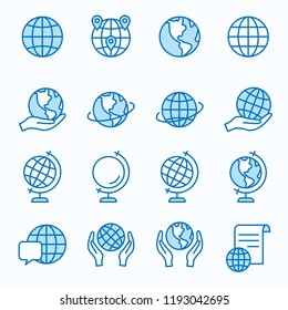 Globe flat line icons. Set of earth, worldwide, geography, global, world, and more. Editable Strokes.