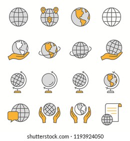 Globe flat line icons. Set of earth, worldwide, geography, global, world, and more. Editable Strokes.