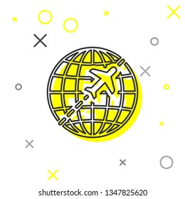 Globe with flying plane line icon isolated on white background. Airplane fly around the planet earth. Aircraft world icon. Vector Illustration