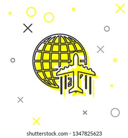  Globe with flying plane line icon isolated on white background. Airplane fly around the planet earth. Aircraft world icon. Vector Illustration