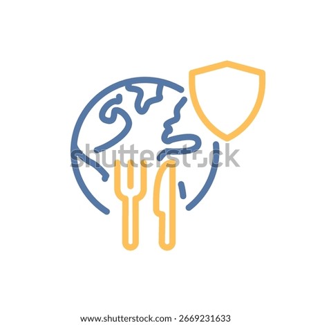 Globe with fork, knife and shield icon. Global food security, nutrition protection, safe supply, hunger relief. Vector thin line illustration. Editable stroke.