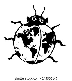 globe in the form of a beetle. black and white drawing